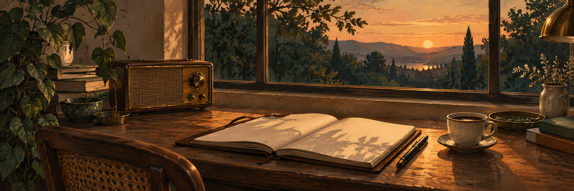 A quiet desk with a radio, notebook and coffee at dusk
